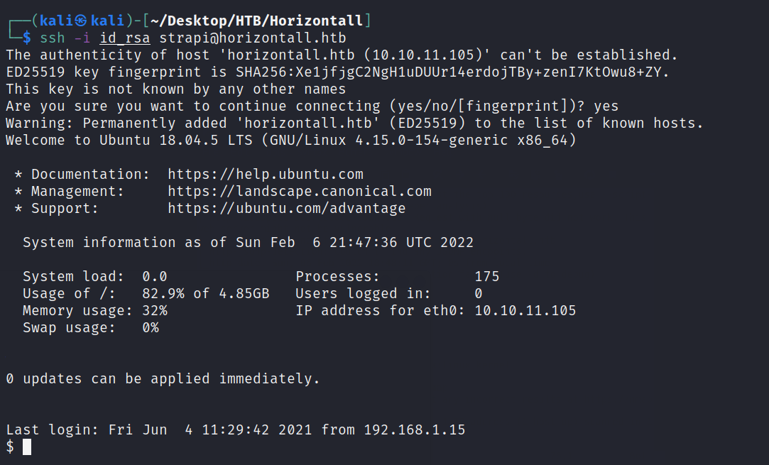 SSH key login as strapi
