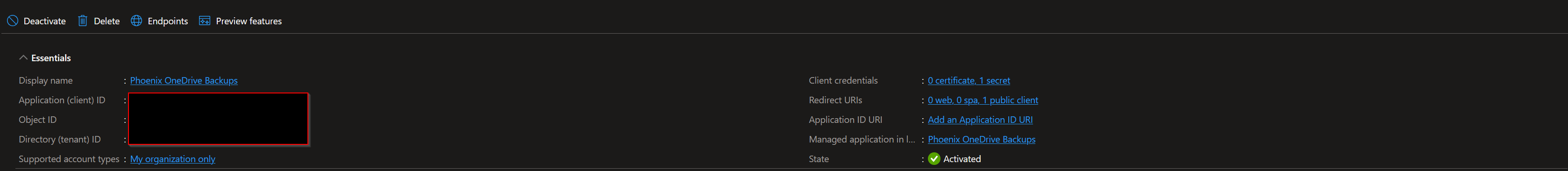 Redacted Microsoft Entra app registration overview for rclone OneDrive authentication