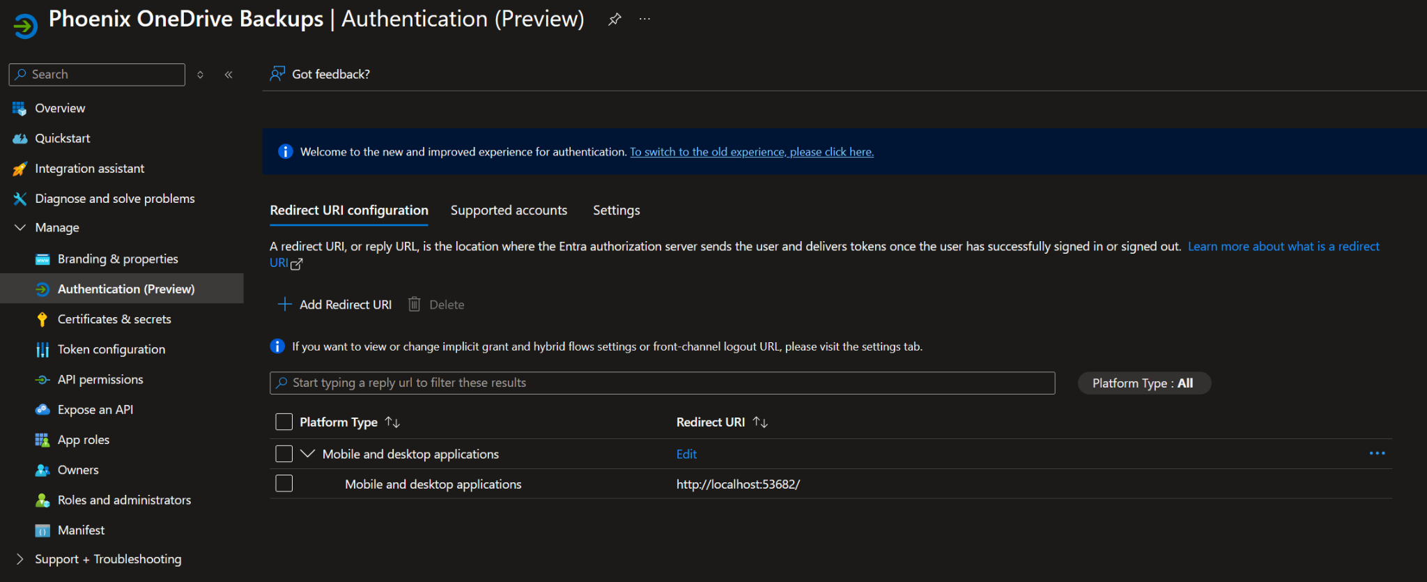 Microsoft Entra redirect URI configured for rclone OneDrive authentication