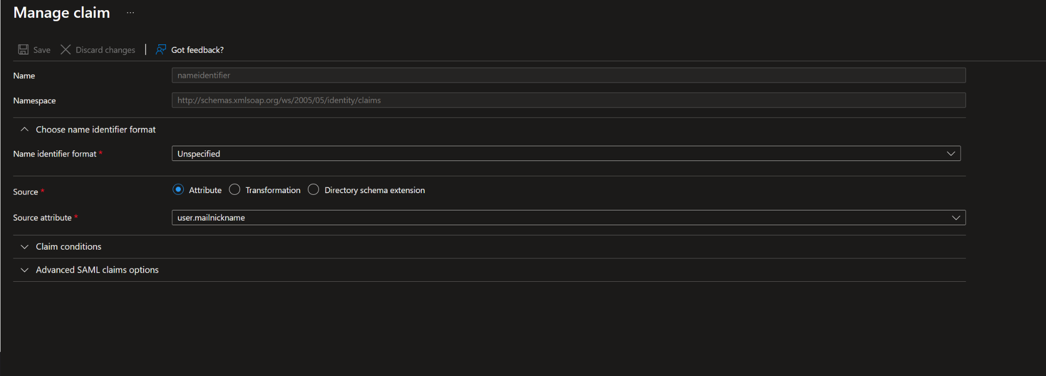 Microsoft Entra SAML claim mapping using user.mailnickname