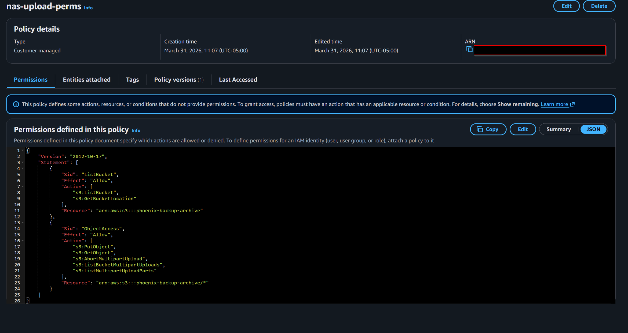 IAM policy for NAS upload permissions to S3