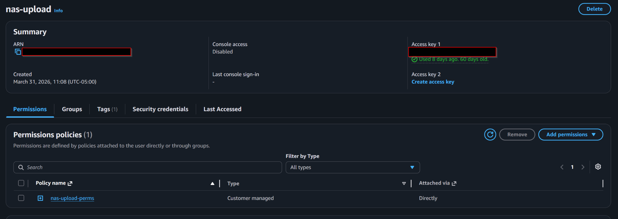 IAM user permissions for NAS upload access
