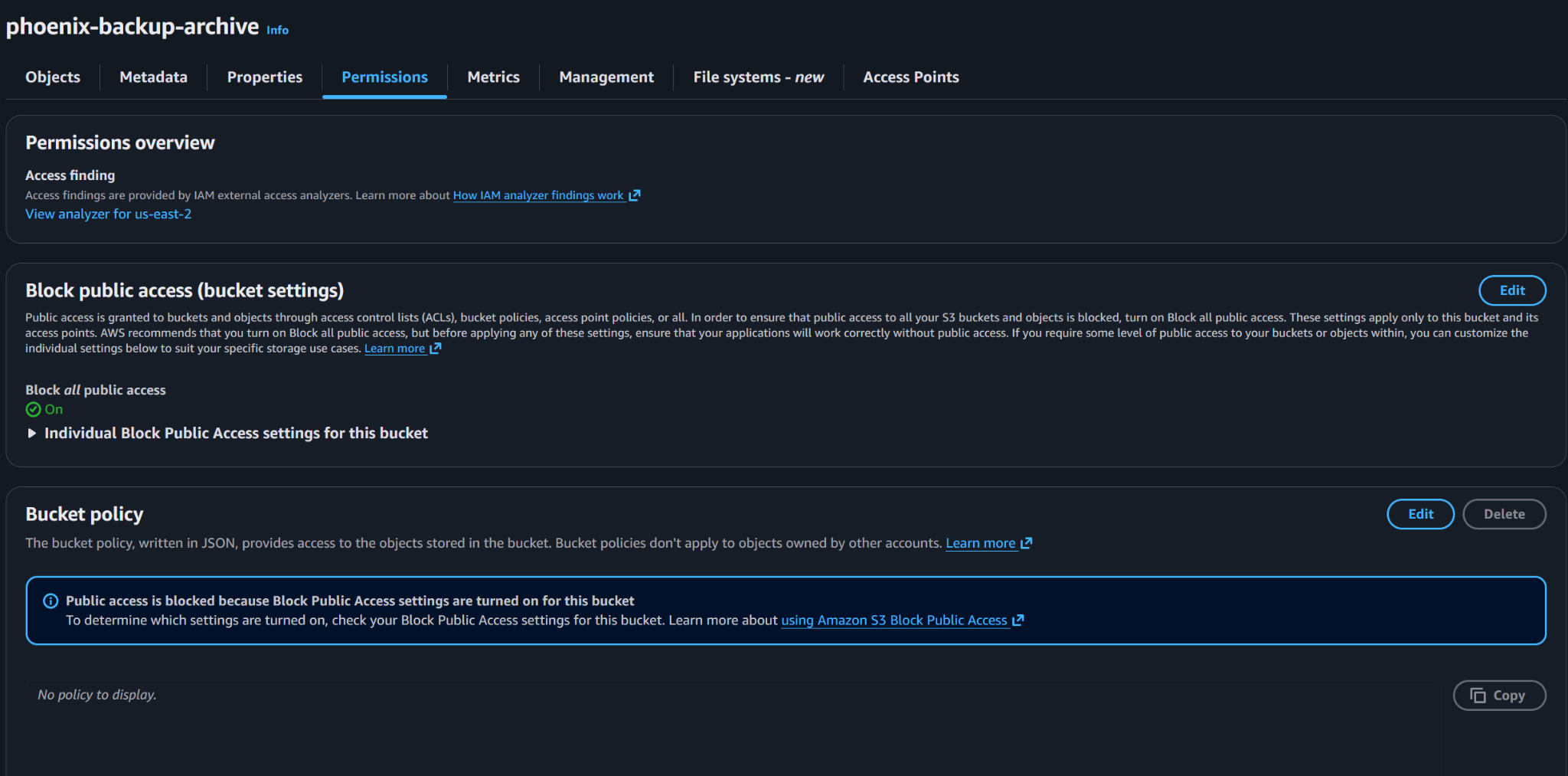 S3 block public access settings for the Phoenix backup archive