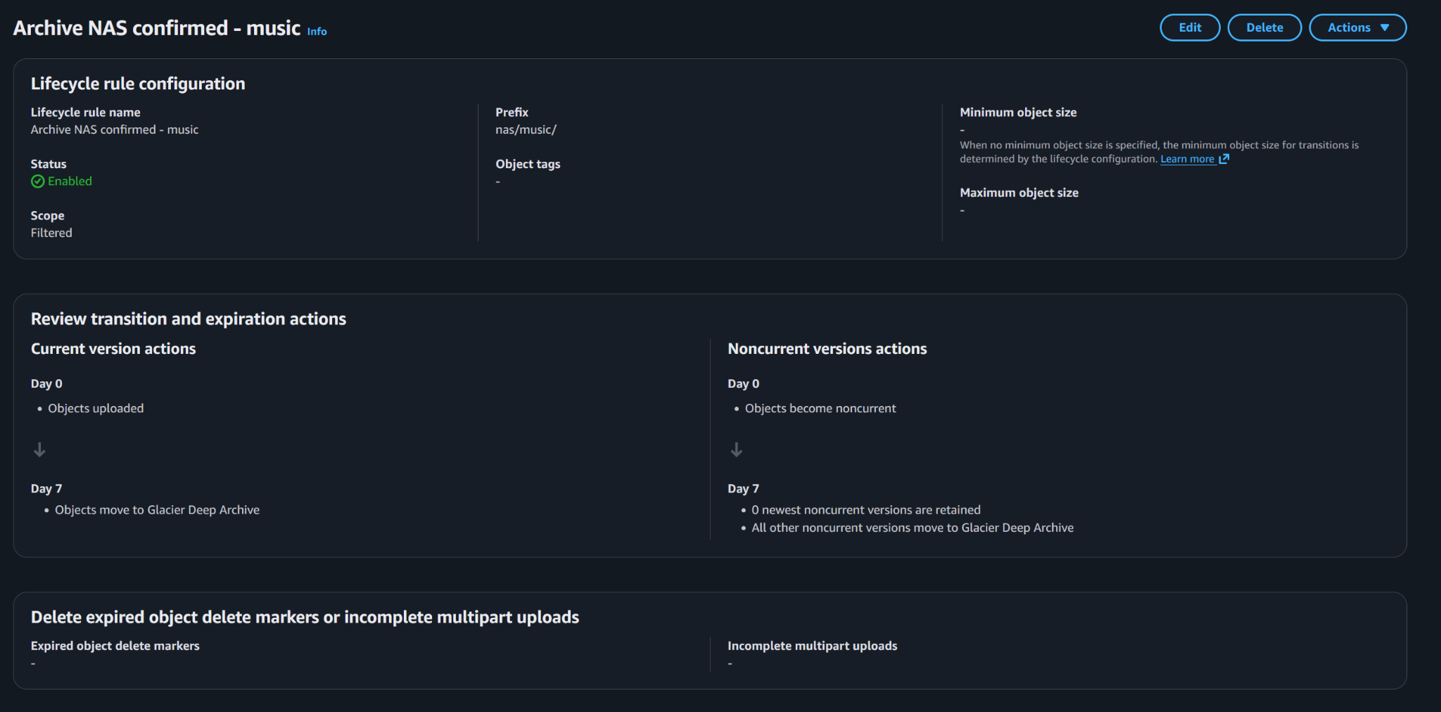 S3 lifecycle rule for NAS backups moving to Glacier Deep Archive