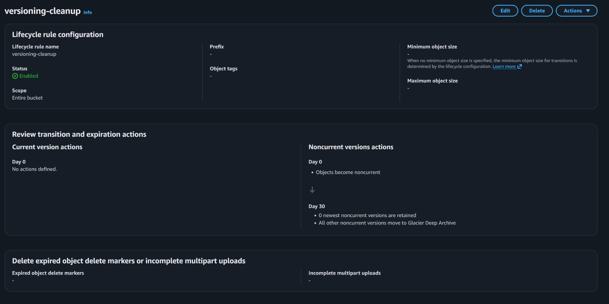 S3 lifecycle rule for noncurrent version cleanup