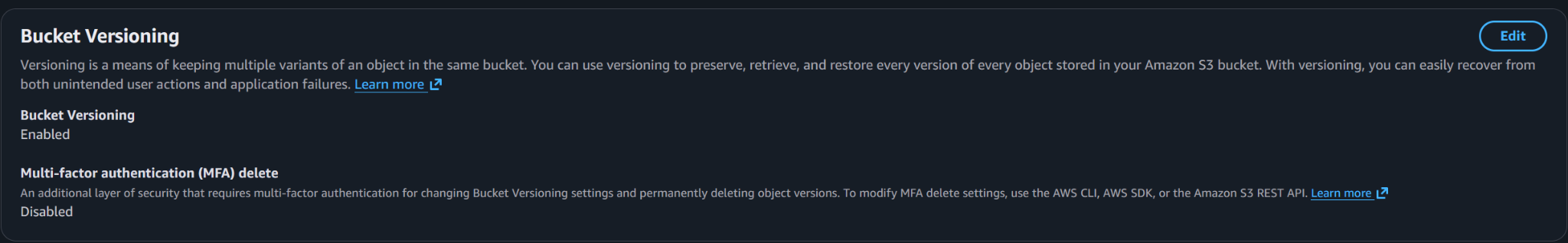 S3 bucket versioning settings for the Phoenix backup archive